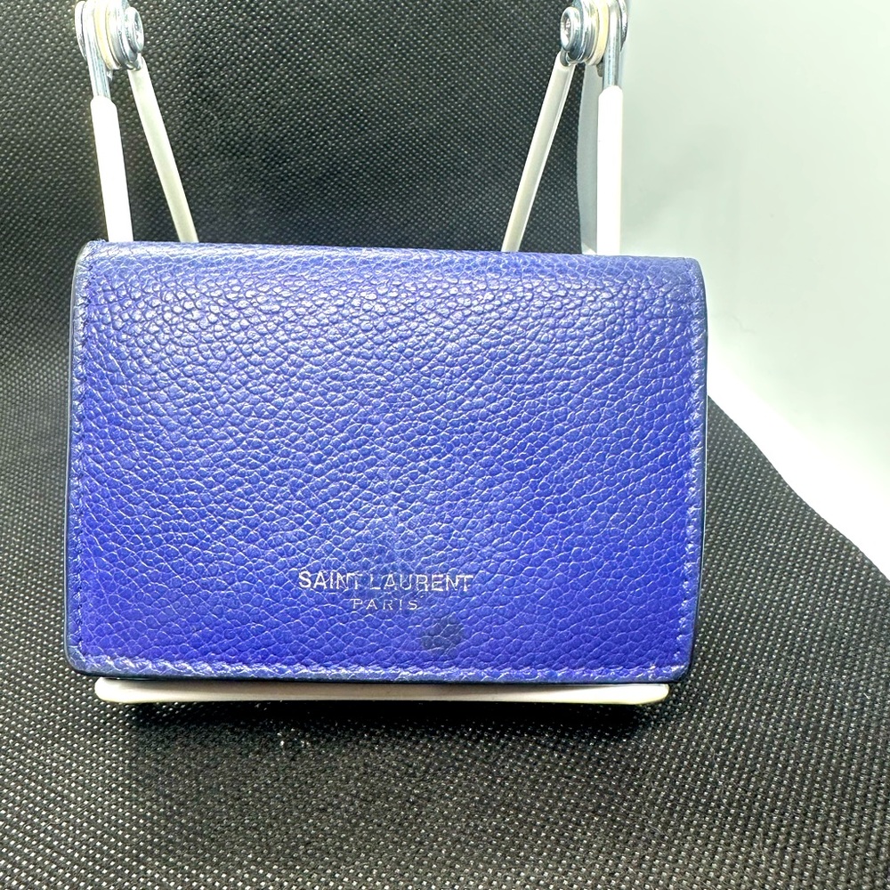 SAINT LAURENT PARIS Tiny Blue Leather Trifold Wallet